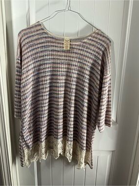 Faded Glory Cream Striped Crochet-Hem Tunic with Pink and Blue Accents